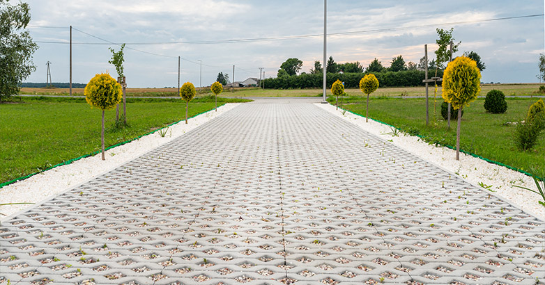 A beautiful permeable driveway with plans and green grass.