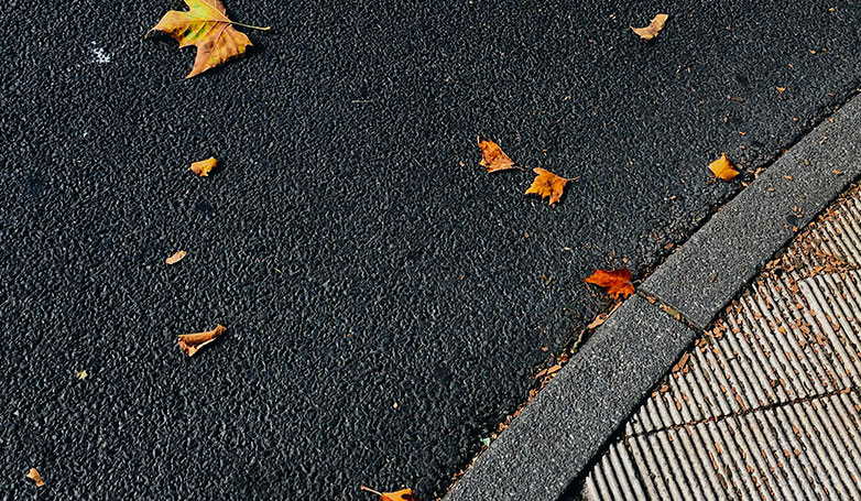 A smooth surface of a blacktop paving with leaves on top.