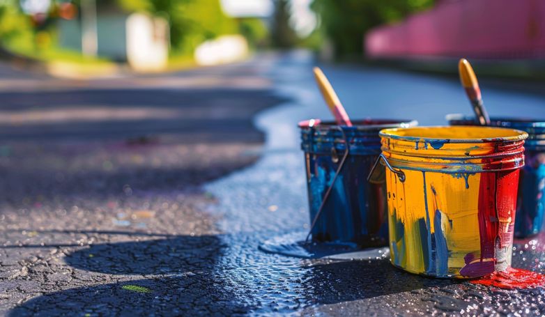 3 Buckets containing specific paints for asphalt driveways