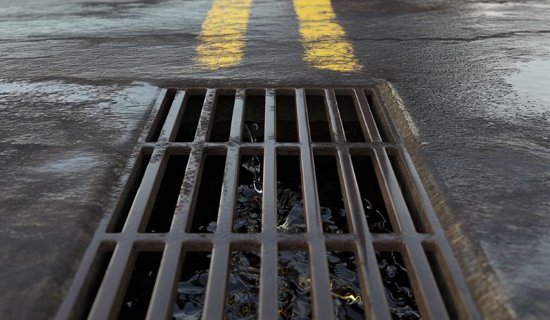 The worker added a grate to allow water drainage from the asphalt and facilitate the quickest possible drying of the road.