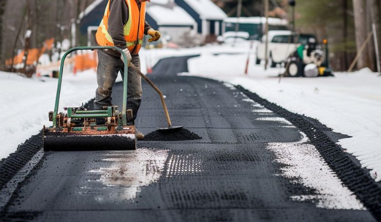 The worker is paving the asphalt driveway in winter