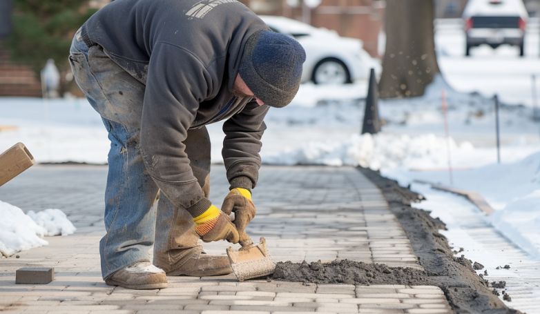 The worker is paving the brick pavers driveway in winter