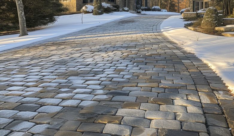 The worker is paving the stone driveway in winter