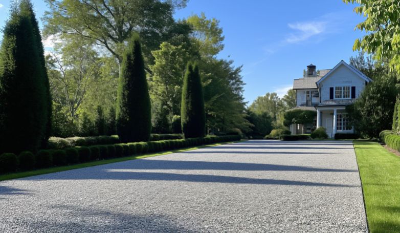Large gravel driveway surrounded by gardens and trees