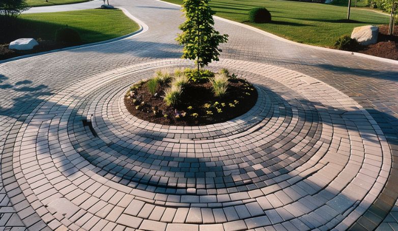 A circular driveway with a plant in the center to embellish the design