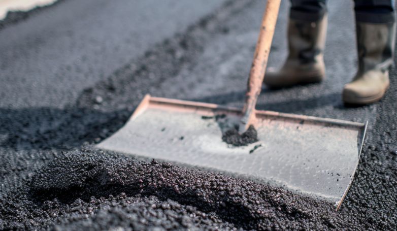 The worker is flattening the asphalt to create a flat surface