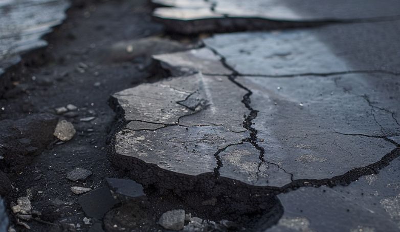 The edge of an asphalt road has cracked