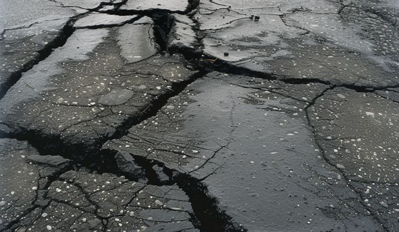 An asphalt road broke due to fatigue cracking