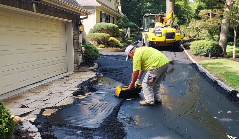 The worker is applying new asphalt on the driveway