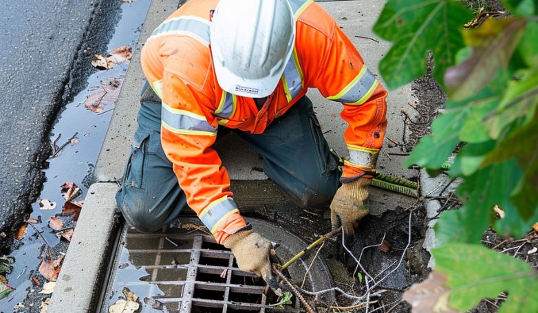 The worker is repairing the storm drain