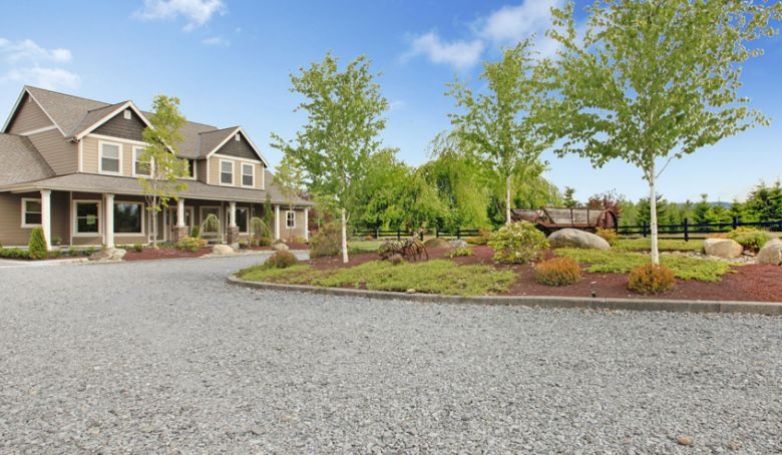 House surrounded by plants and trees with big gravel driveway
