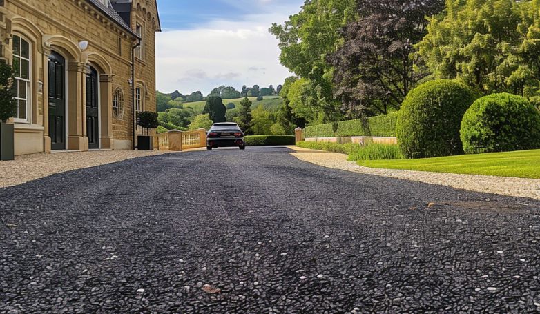 The homeowner chose tar and chip as an alternative material for his driveway