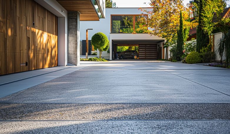 A driveway transition to the garage that has been sealed