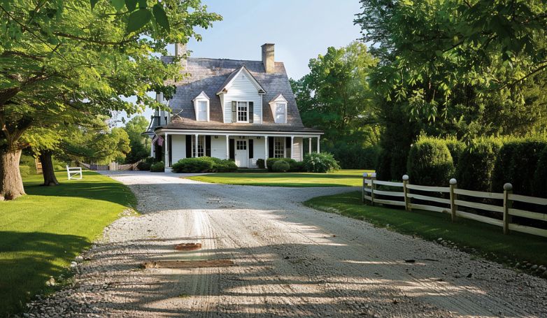 a driveway with Charming Country Farmhouse Gravel