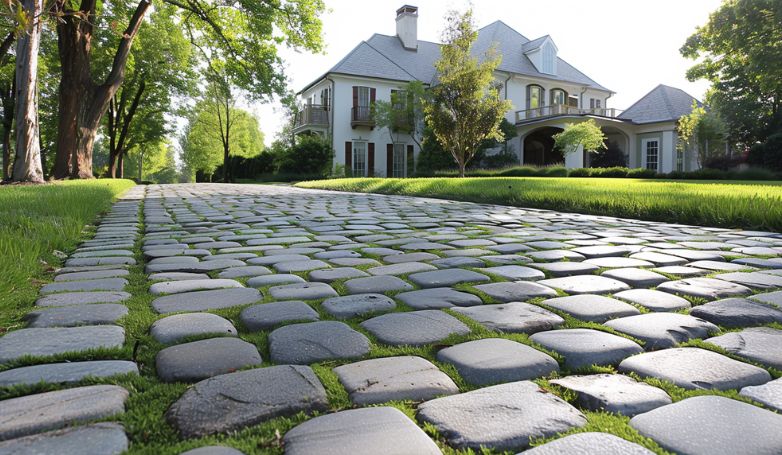 Cobblestone Driveway with Grass Grout