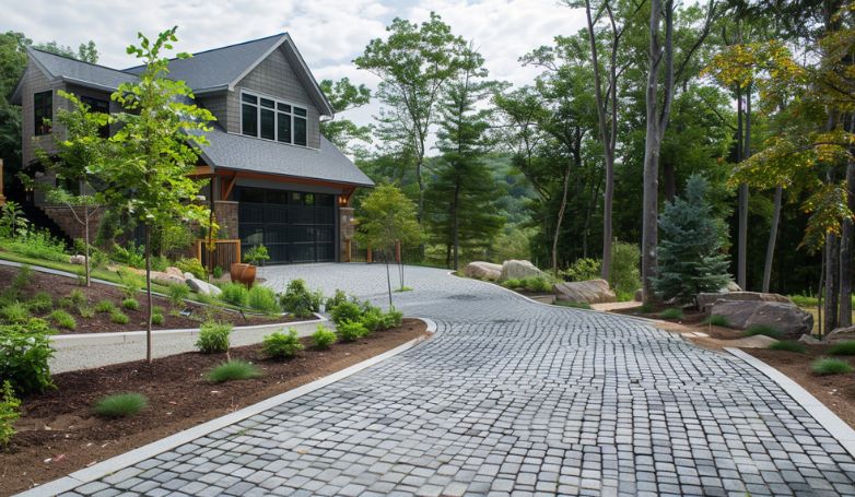 A long driveway with eco friendly permeable pavers