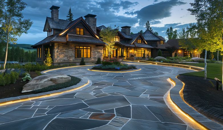 Natural Stone Slab Driveway with Inlaid Lighting