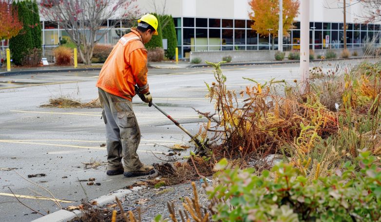 The worker is clearing the vegetation of the parking lot