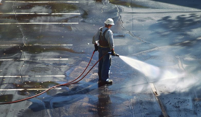 The worker is using the pressure wash to clean the parking lot
