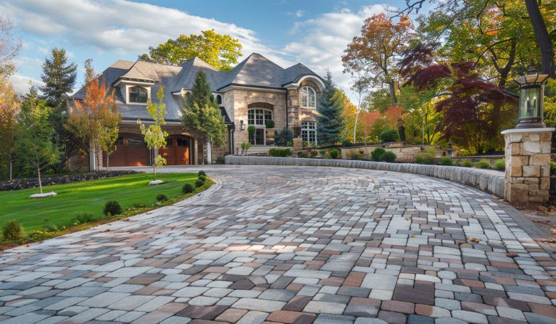 A half-circle driveway with a natural stone installation