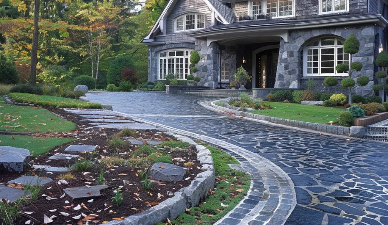 A beautiful half circle driveway made with stones