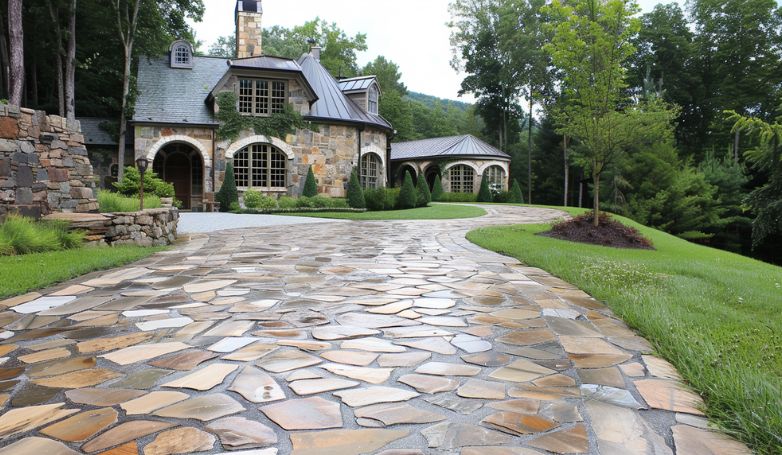 A half-circle driveway with Flagstone Installations